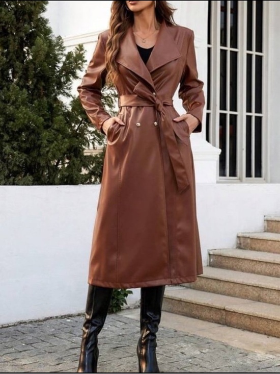SHEIN Jackets & Blazers - SHEIN Brown Faux Leather Long Trench Coat with Belt